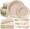 300-piece compostable paper plates set, featuring 10-inch eco-friendly plates made from sugarcane pulp. This heavy-duty disposable set includes utensils and napkins, perfect for parties, events, and gatherings, providing a sustainable solution for yo